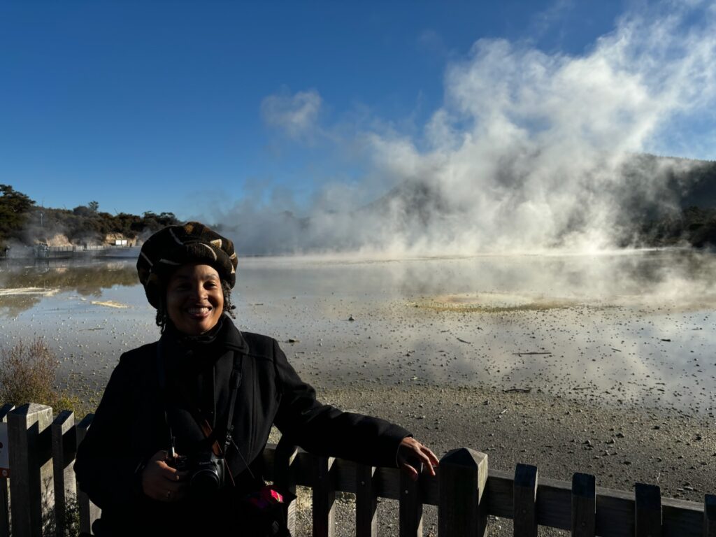 Jacquie Bird at the Champagne Pool at Wai O Tapu