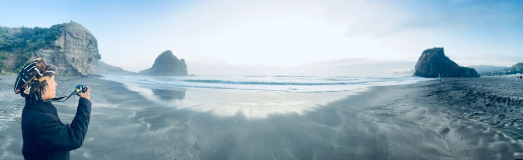 Piha Beach in panoramic view in Auckland, NZ